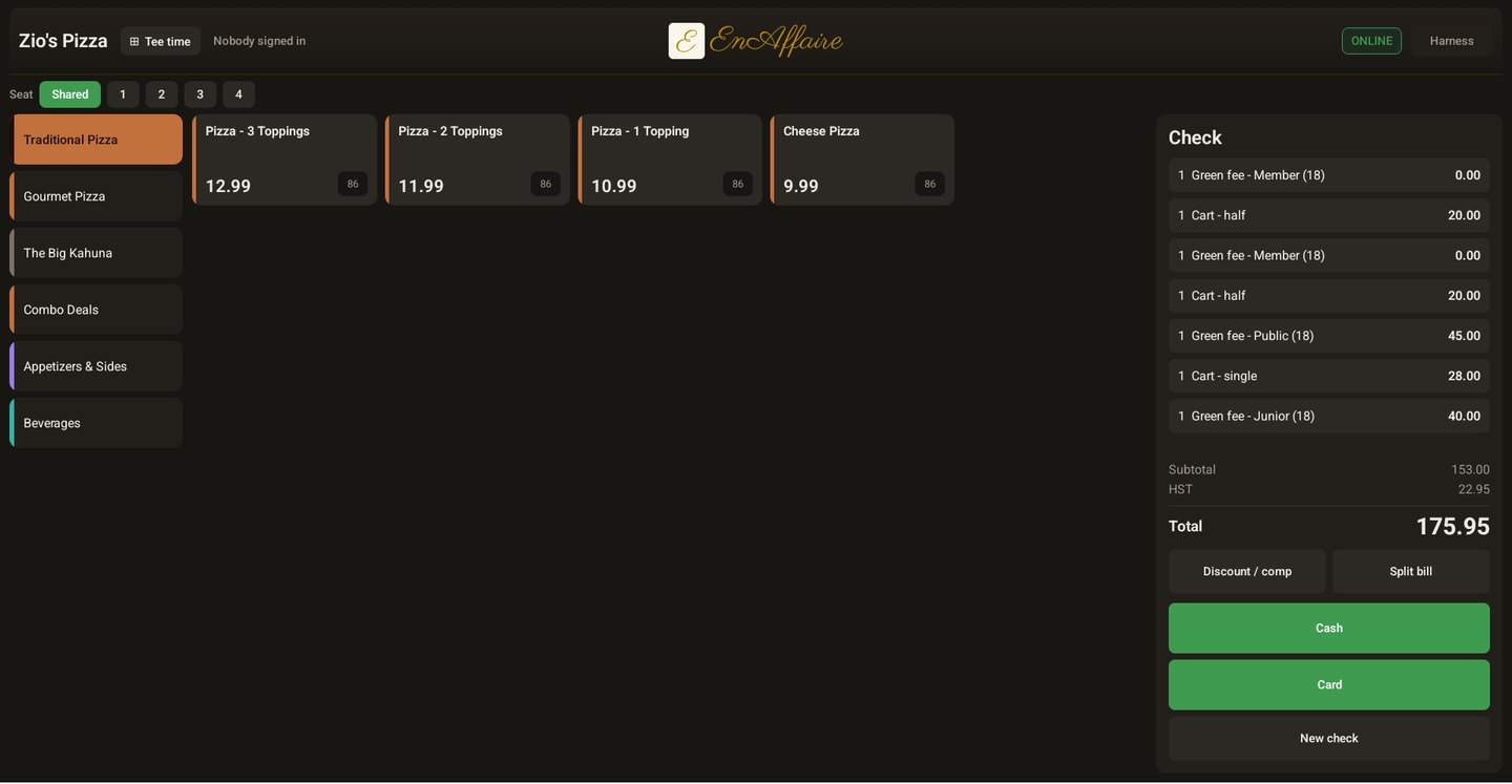 The till showing per-golfer green fee and cart lines with HST and a total