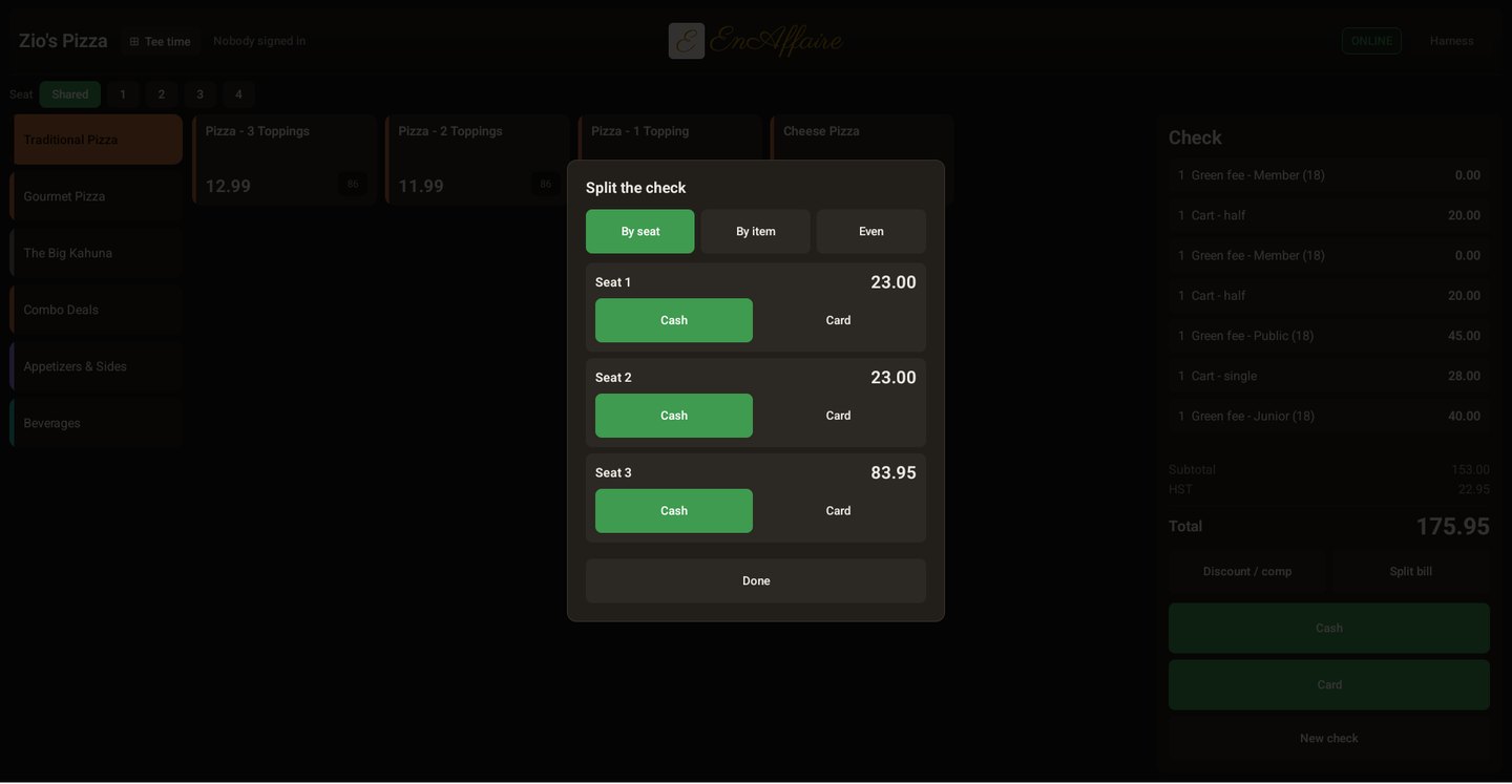 The check split by seat into four amounts that sum to the total